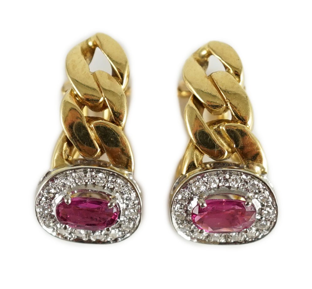 A pair of modern Italian 750 yellow metal curblink, pink sapphire and diamond chip set oval earclips, 22mm, gross 8.2 grams.